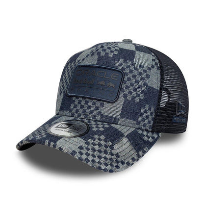 Pictured is this Red Bull Racing Patterned Denim 9FORTY E-Frame Trucker cap in dark blue. 1