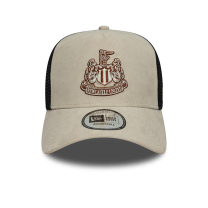 Pictured is this Newcastle United FC Faux Suede 9FORTY E-Frame Trucker cap in cream. 2