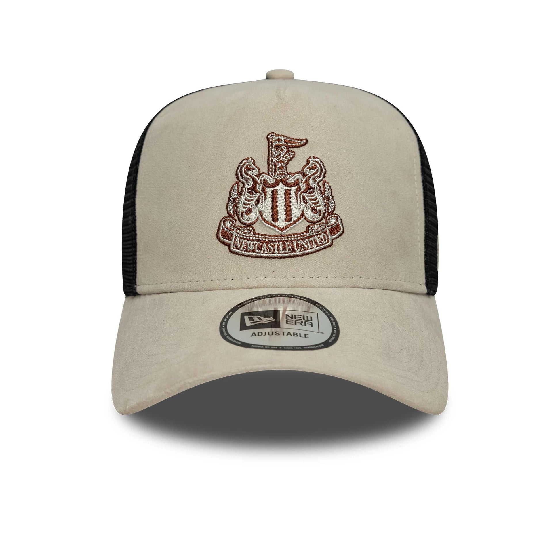 Pictured is this Newcastle United FC Faux Suede 9FORTY E-Frame Trucker cap in cream. 2