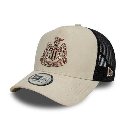 Pictured is this Newcastle United FC Faux Suede 9FORTY E-Frame Trucker cap in cream. 1