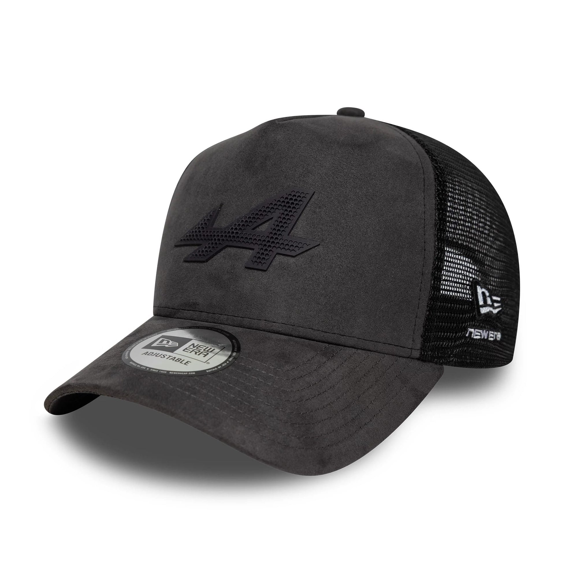 Pictured is this Alpine Racing Suede 9FORTY E-Frame Trucker cap in grey. 3