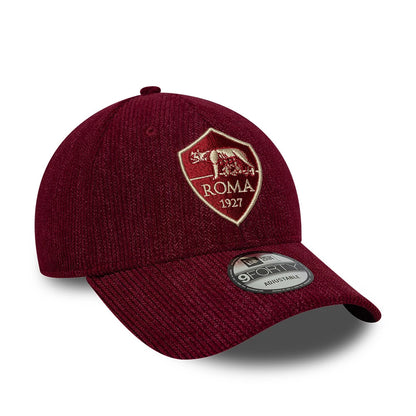 AS Roma Fleck Cord Dark Red New Era 9FORTY Adjustable Cap, front view showing the embroidered Roma crest logo on the dark red corded fabric crown, with a curved visor and the 9FORTY size sticker placed centrally on the visor.