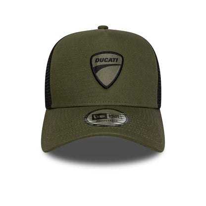 Ducati Motor Core Green New Era 9FORTY E-Frame Trucker Adjustable Cap, front view showing the black Ducati shield logo embroidered on the green front panel with a curved visor, and a 9FORTY size sticker centred on the visor.