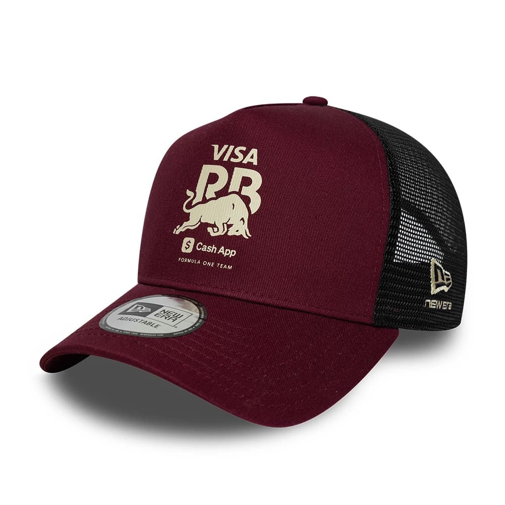 Pictured is this Visa Cash App Racing Bulls 9FORTY E-Frame Trucker cap in dark red. 1