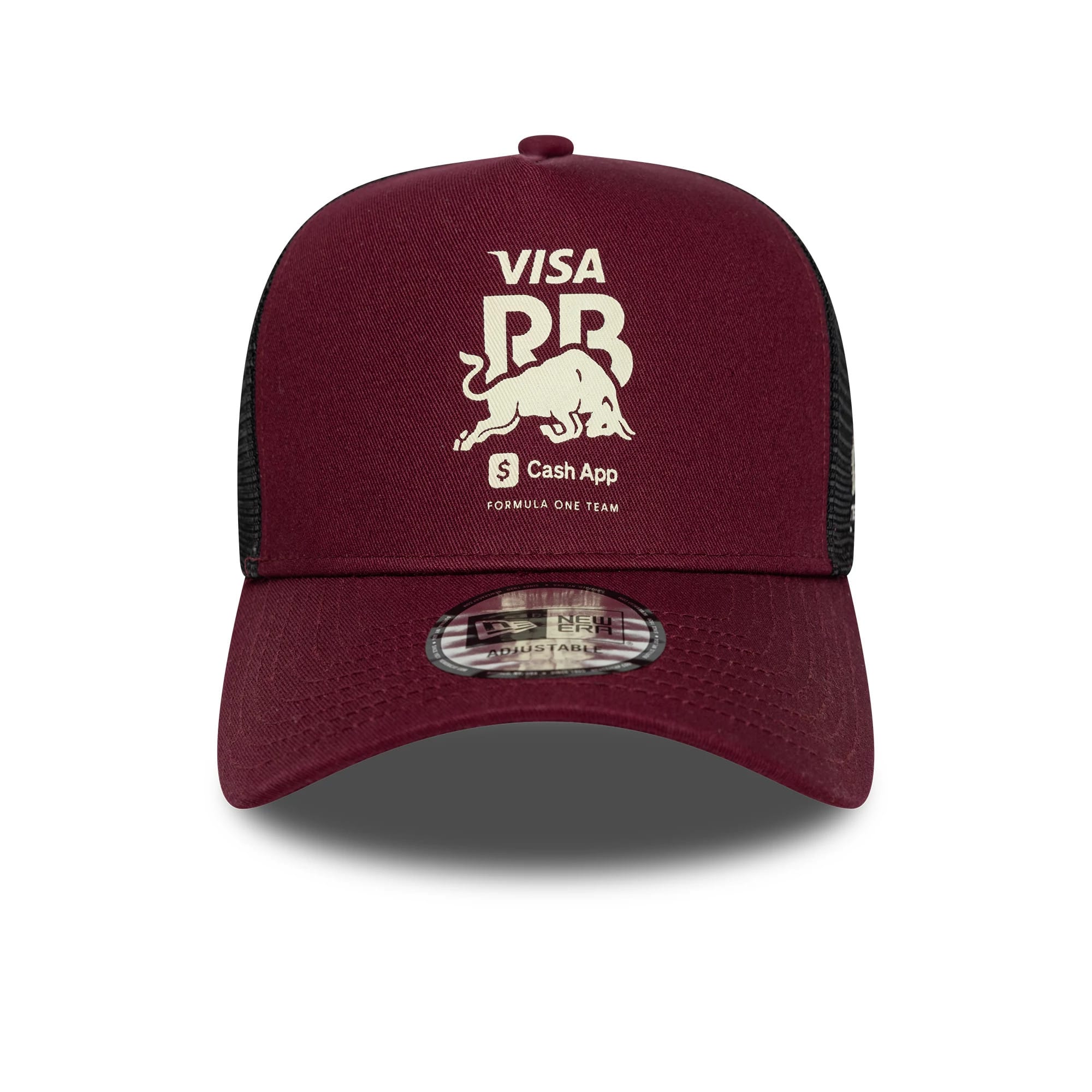 Pictured is this Visa Cash App Racing Bulls 9FORTY E-Frame Trucker cap in dark red. 2