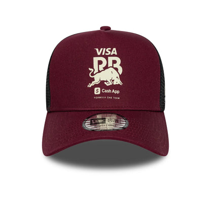 Pictured is this Visa Cash App Racing Bulls 9FORTY E-Frame Trucker cap in dark red. 2