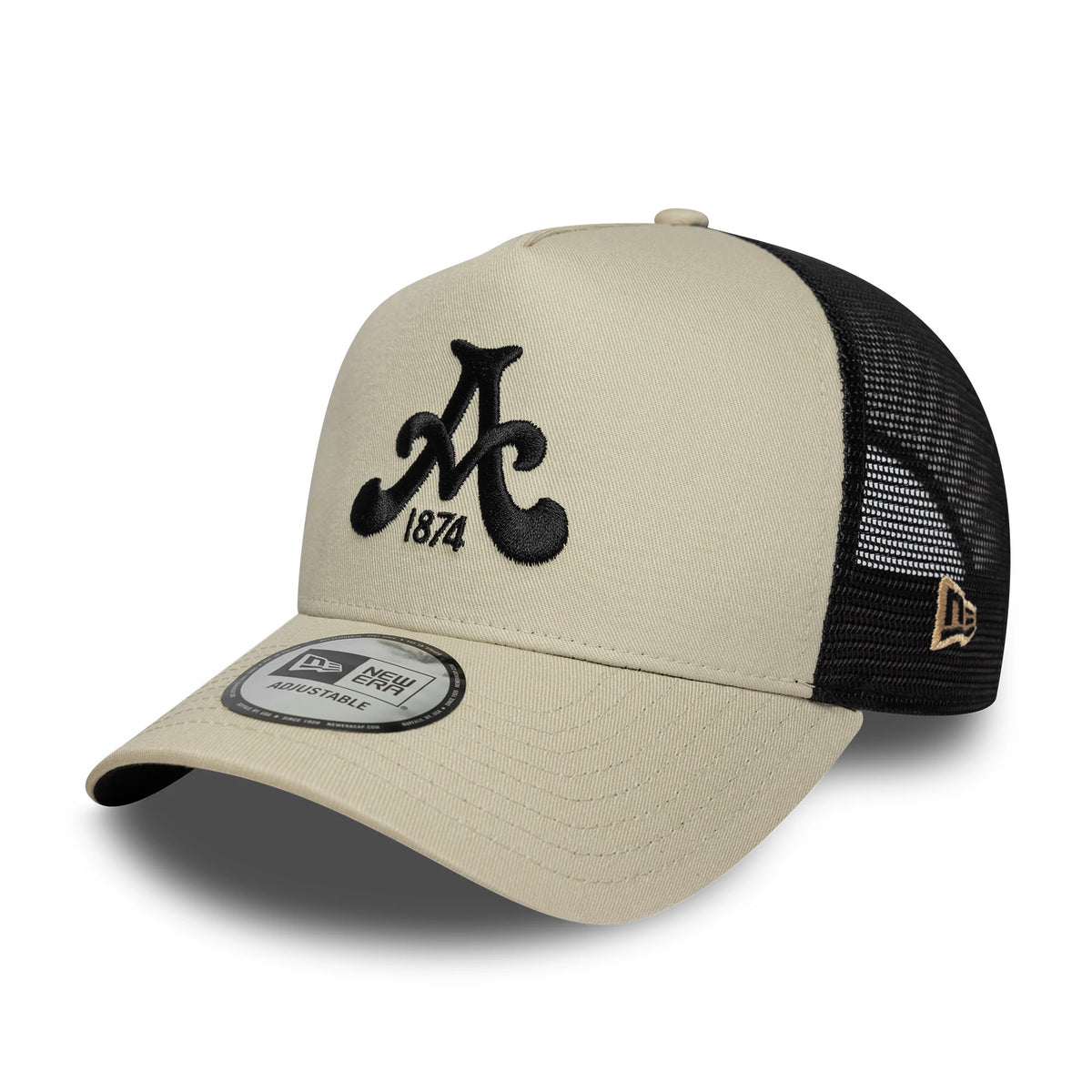 Aston Villa FC Cream New Era 9FORTY E-Frame Trucker Adjustable Cap, front view showing the raised black A 1874 embroidery on the cream crown, a black mesh back, and the New Era flag logo in tan on the left side.