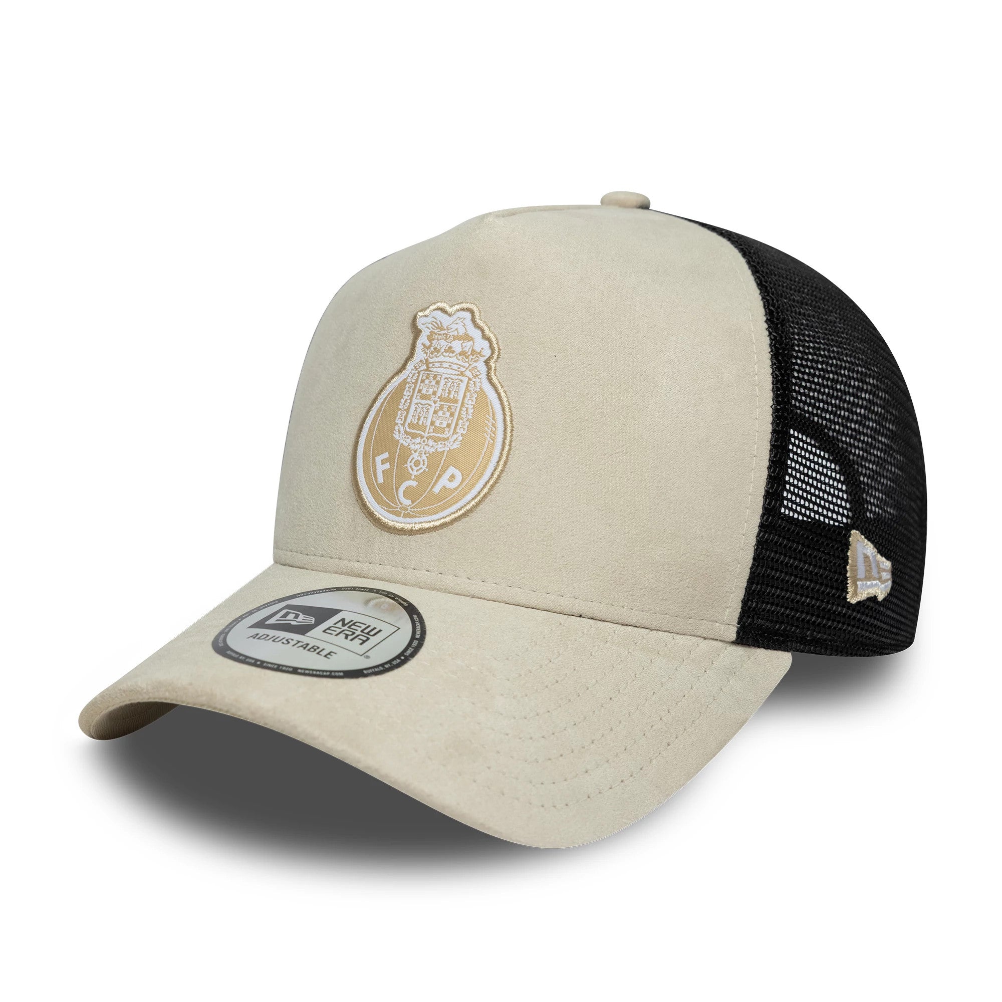 Pictured is this FC Porto Faux Suede 9FORTY A-Frame Trucker cap in cream. 1