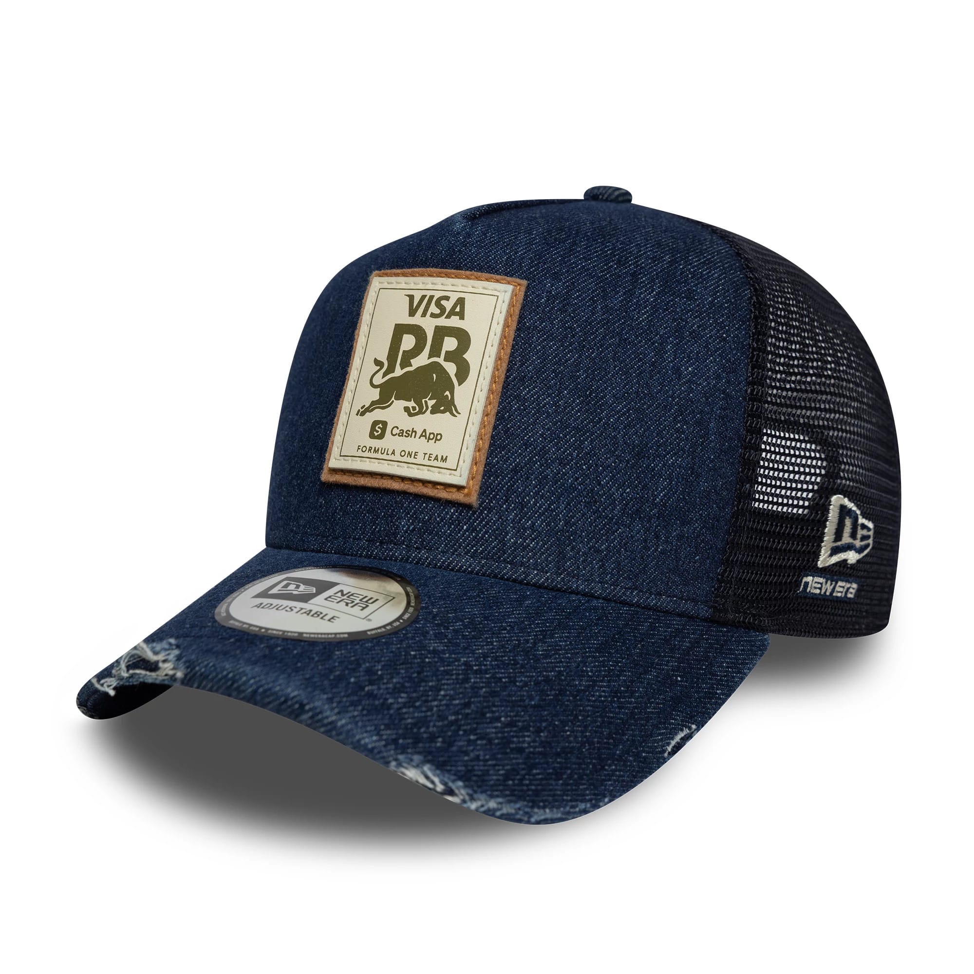 Pictured is this Visa Cash App Racing Bulls Denim 9FORTY E-Frame Trucker cap in black. 1
