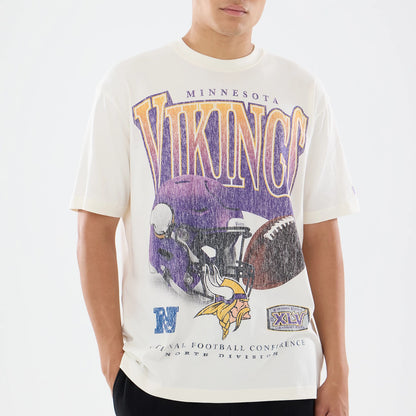New Era Minnesota Vikings NFL Sport Classic Cream T-Shirt, front view on a model highlighting a large distressed purple Vikings graphic with a helmet, an American football, printed Viking head logo.