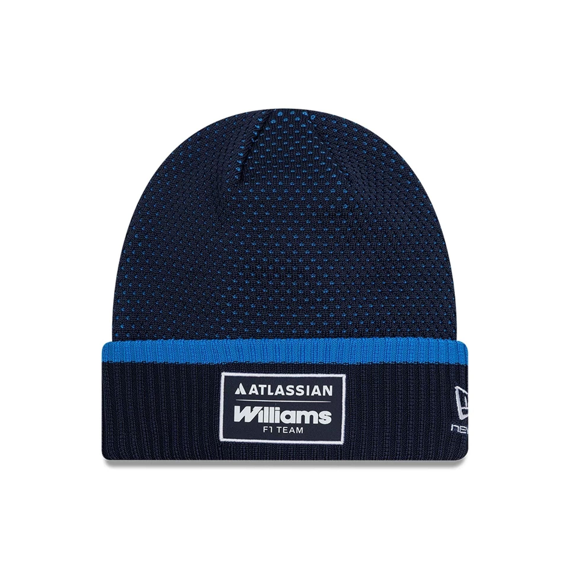 Pictured is this Atlassian Williams F1 Team Team Cuff Knit Beanie hat in navy. 1