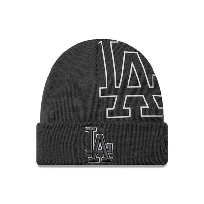 Pictured is this MLB Script LA Dodgers Cuff Knit Beanie hat in charcoal. 1