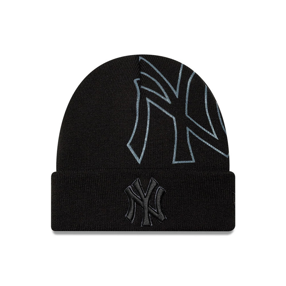 Pictured is this MLB Script New York Yankees Cuff Knit Beanie hat in black. 1