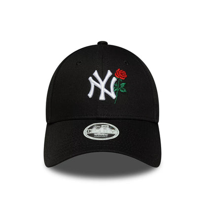Pictured is this Womens MLB Flower Icon New York Yankees 9FORTY cap in black. 2