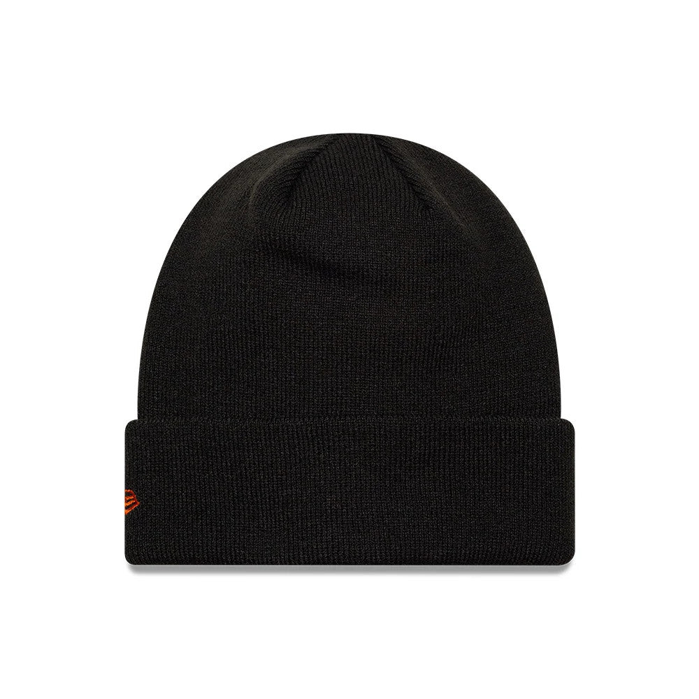 New Era LA Dodgers MLB League Essential Black Cuff Knit Beanie Hat, front view showing an all-black design with a rolled cuff and a orange New Era flag logo embroidered on the left side for a and minimalist look.