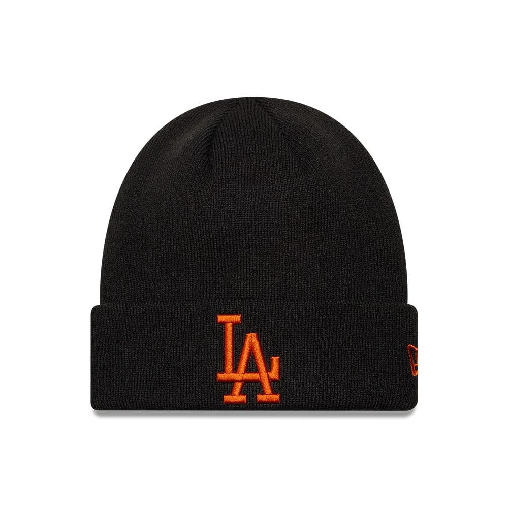 Pictured is this MLB League Essential LA Dodgers Cuff Knit Beanie hat in black. 1