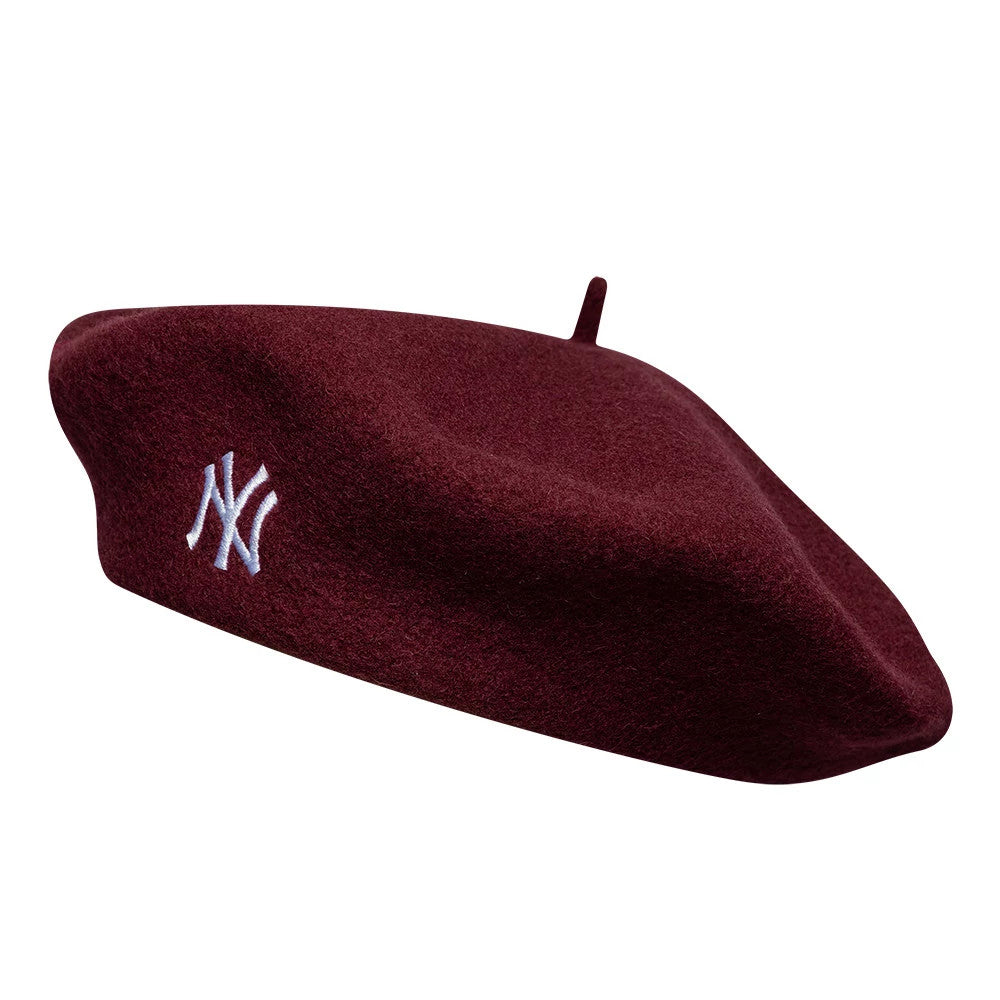 Pictured is this MLB Wool Script New York Yankees Beret in dark red. 1