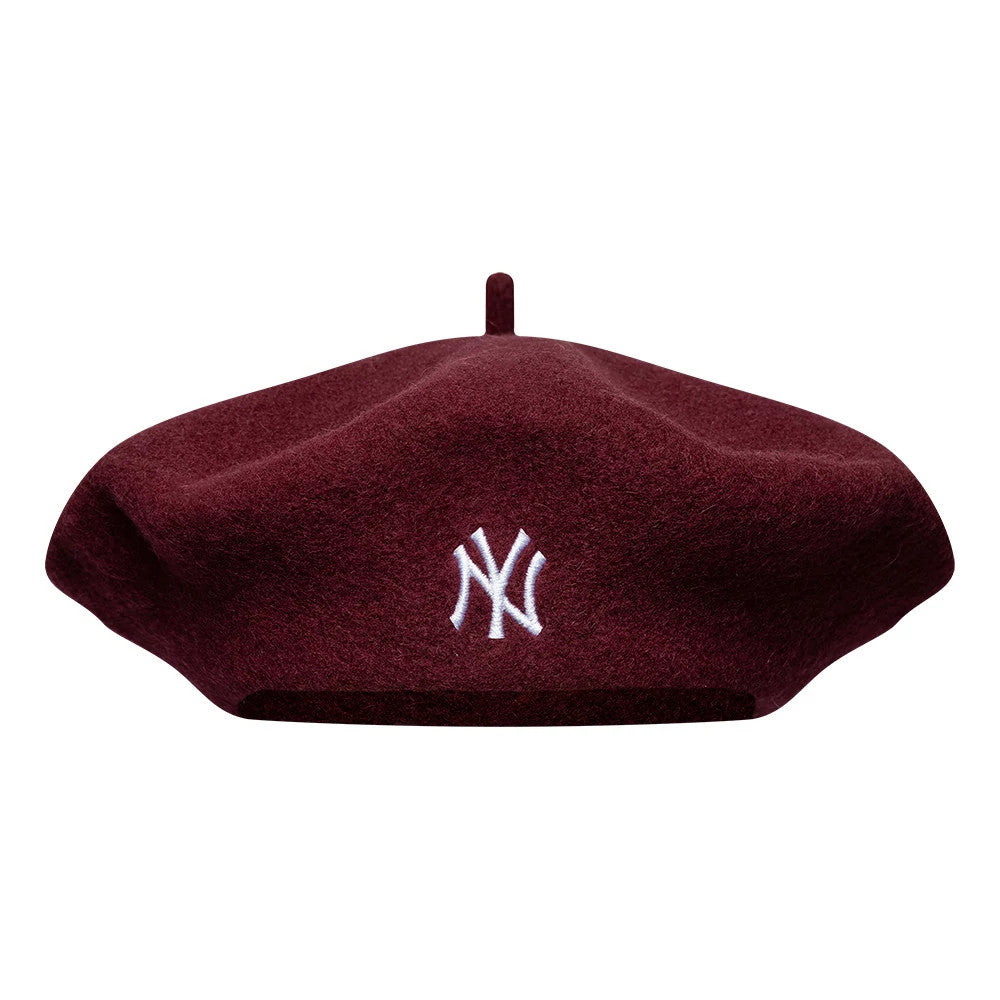 Pictured is this MLB Wool Script New York Yankees Beret in dark red. 2