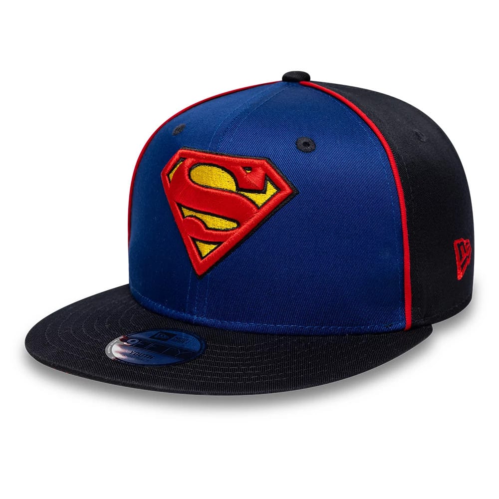 Pictured is this Youth DC Piping Superman 9FIFTY Snapback cap in blue. 1