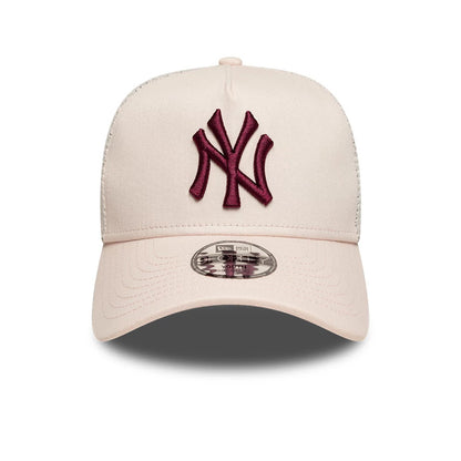 Pictured is this Youth MLB League Essential New York Yankees 9FORTY A-Frame Trucker cap in pastel pink. 2