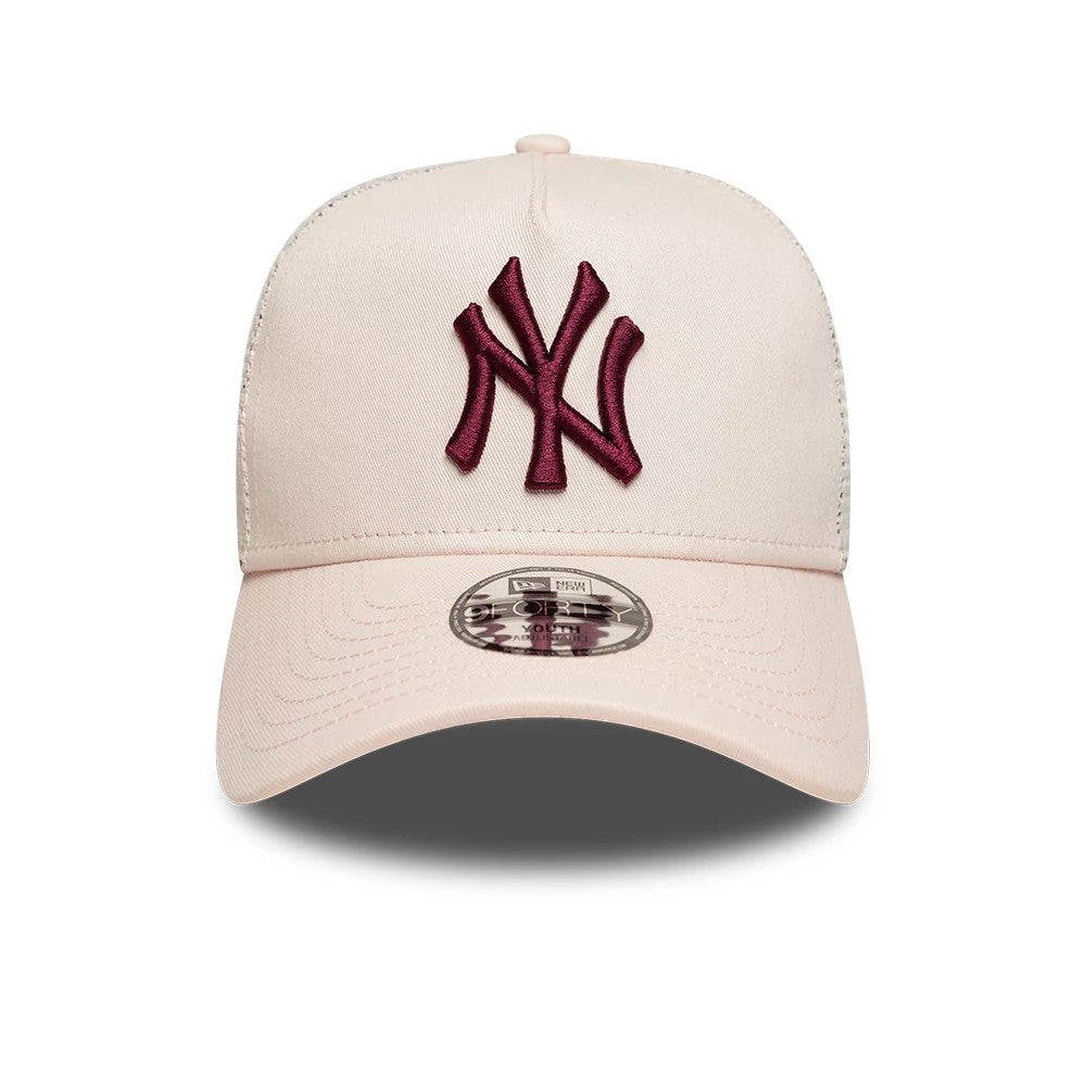 Pictured is this Youth MLB League Essential New York Yankees 9FORTY A-Frame Trucker cap in pastel pink. 2