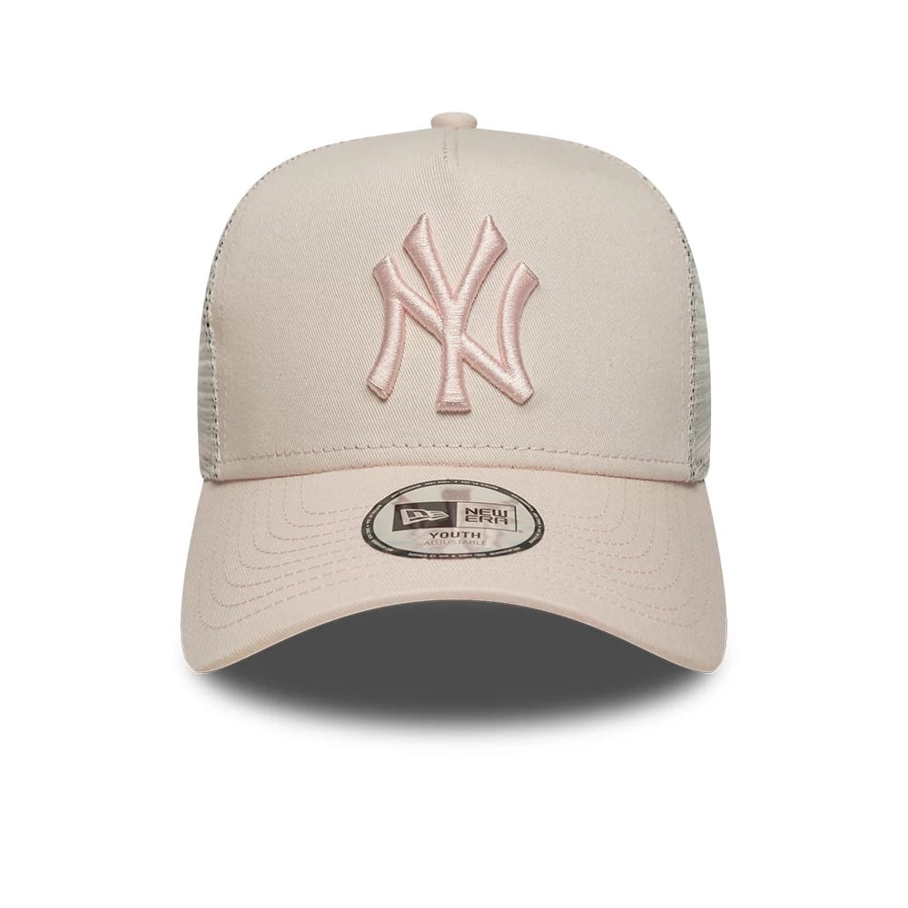 Pictured is this Youth MLB League Essential New York Yankees 9FORTY A-Frame Trucker cap in pastel pink. 2