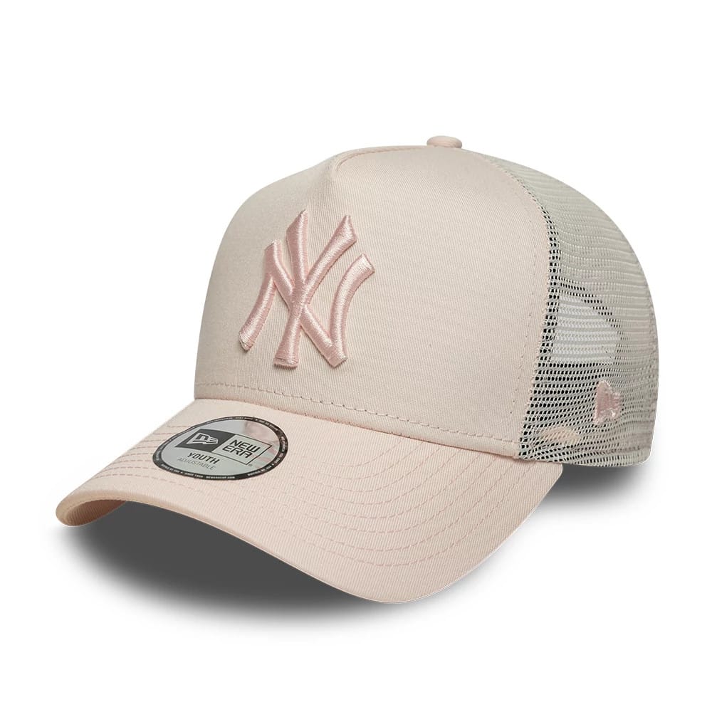 Pictured is this Youth MLB League Essential New York Yankees 9FORTY A-Frame Trucker cap in pastel pink. 1