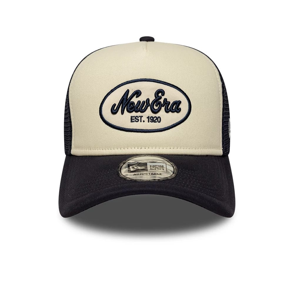 Pictured is this New Era Oval Patch 9FORTY A-Frame Trucker cap in black. 2