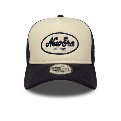 Pictured is this New Era Oval Patch 9FORTY A-Frame Trucker cap in black. 2