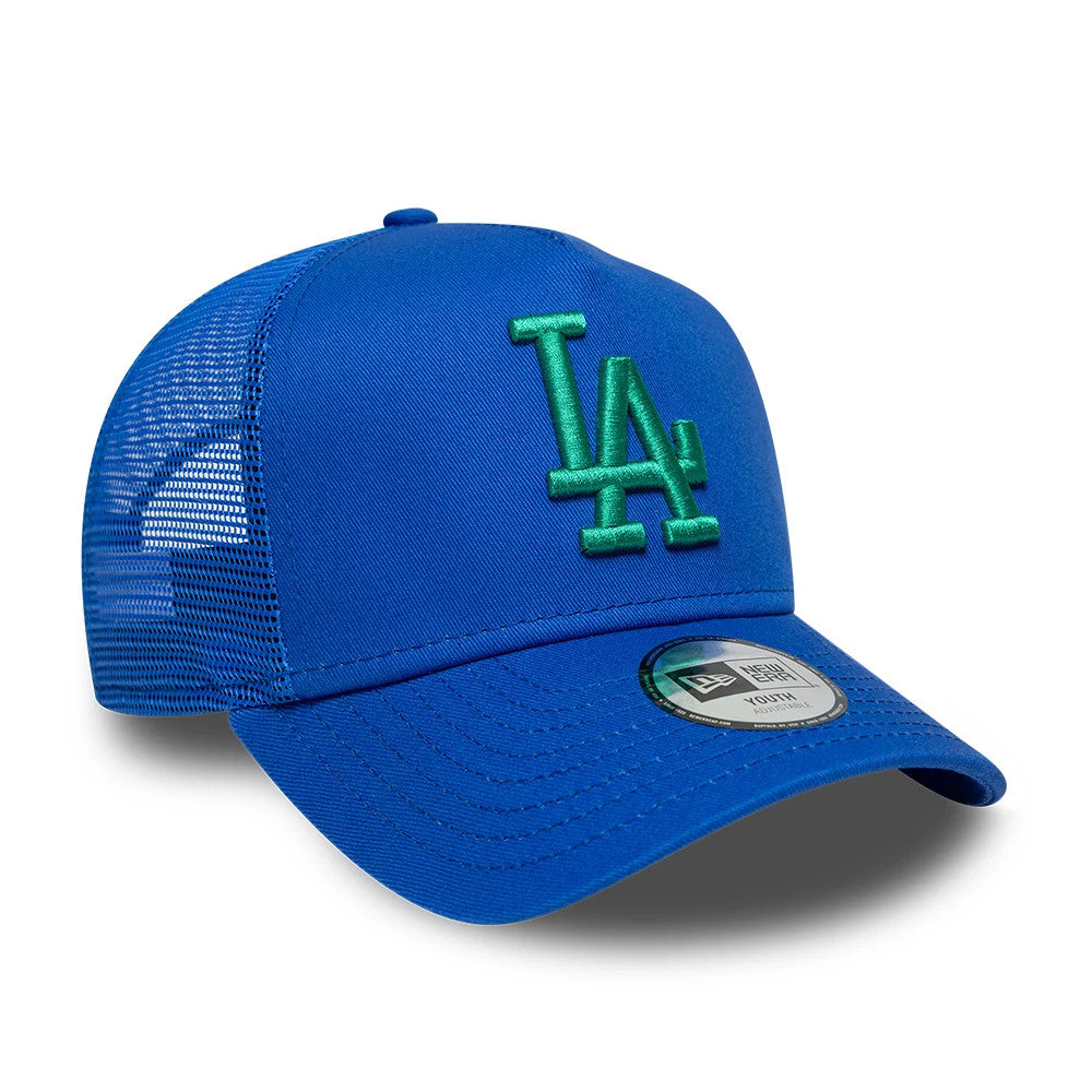 Pictured is this Youth MLB League Essential LA Dodgers 9FORTY A-Frame Trucker cap in bright blue. 3