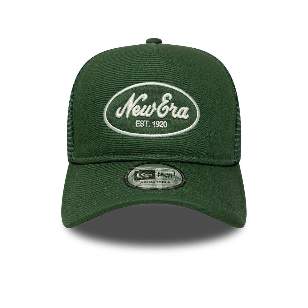 Pictured is this New Era Oval Patch 9FORTY A-Frame Trucker cap in dark green. 2
