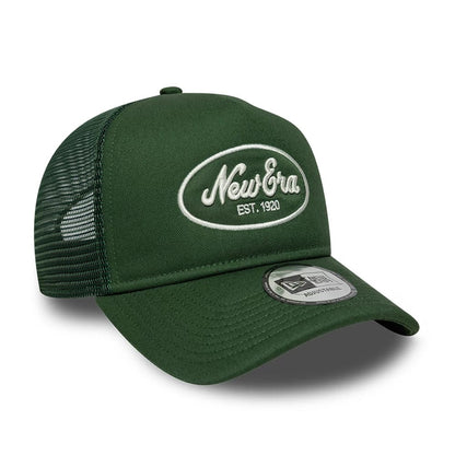 Pictured is this New Era Oval Patch 9FORTY A-Frame Trucker cap in dark green. 3