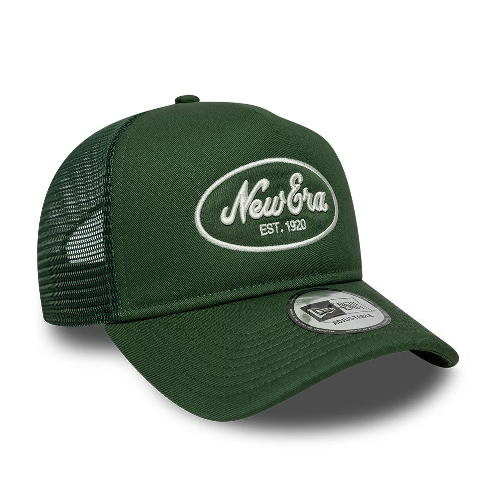 Pictured is this New Era Oval Patch 9FORTY A-Frame Trucker cap in dark green. 3
