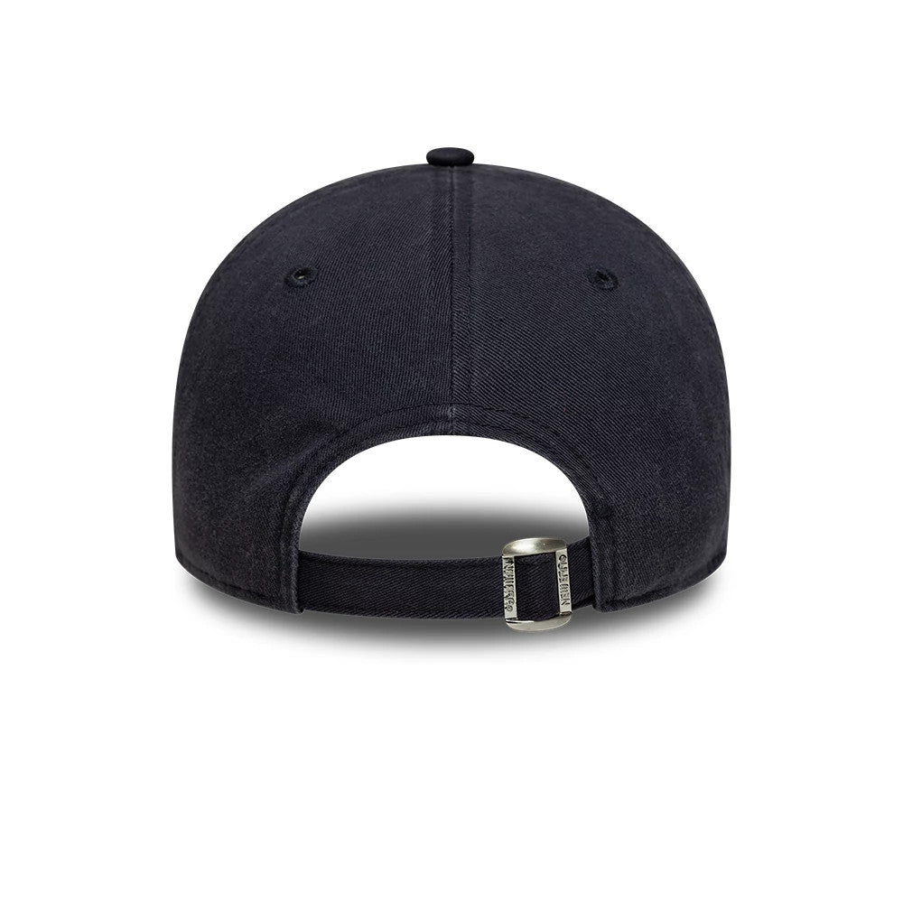 New York Mets MLB Mini Logo Navy New Era 9TWENTY Adjustable Cap, rear view showing a adjustable strap with the New Era logo on the buckle, an unembellished navy back panel with eyelets, and a curved visor.