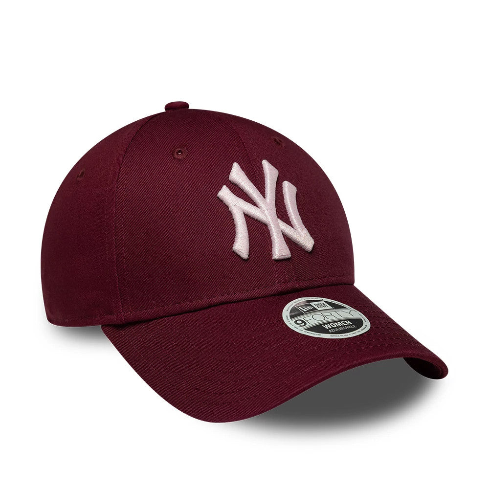 New York Yankees Womens MLB Metallic Dark Red New Era 9FORTY Adjustable Cap, front view showing the raised pink embroidered NY logo on the structured dark red crown, with a curved visor and a 9FORTY size sticker on the visor.