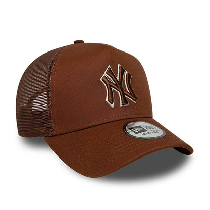 Pictured is this MLB Outline New York Yankees 9FORTY E-Frame Trucker cap in brown. 3