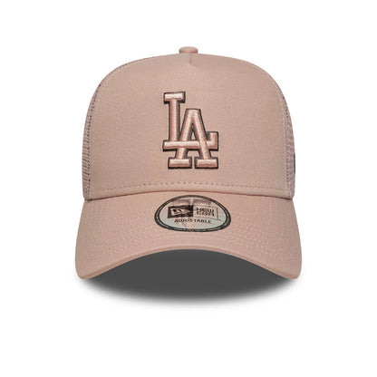 Pictured is this MLB Outline LA Dodgers 9FORTY E-Frame Trucker cap in pastel pink. 2