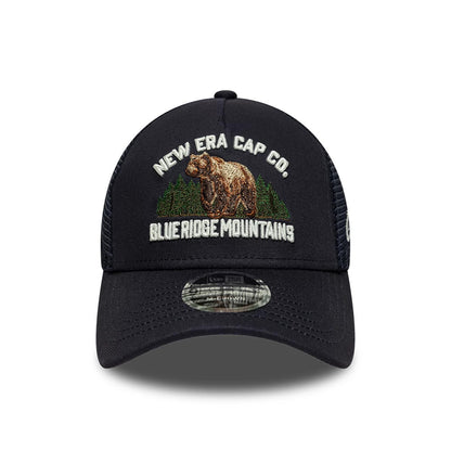 Pictured is this New Era Graphic 9FORTY M-Crown A-Frame Trucker cap in navy. 2