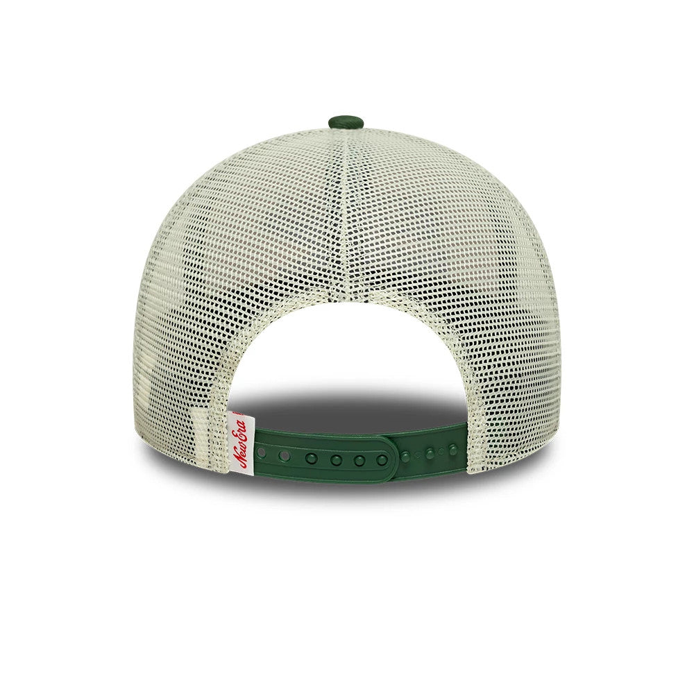 Pictured is this New Era Graphic 9FORTY M-Crown A-Frame Trucker cap in cream & green. 4