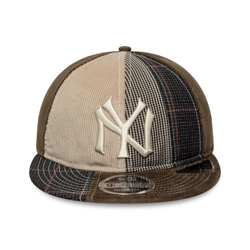 Yankees MLB Patchwork Dark Brown Retro Crown New Era 9FIFTY Adjustable Cap, front view showing a raised embroidered cream NY logo on a corduroy and check patchwork crown, with a matching patchwork flat visor and a 9FIFTY size sticker.