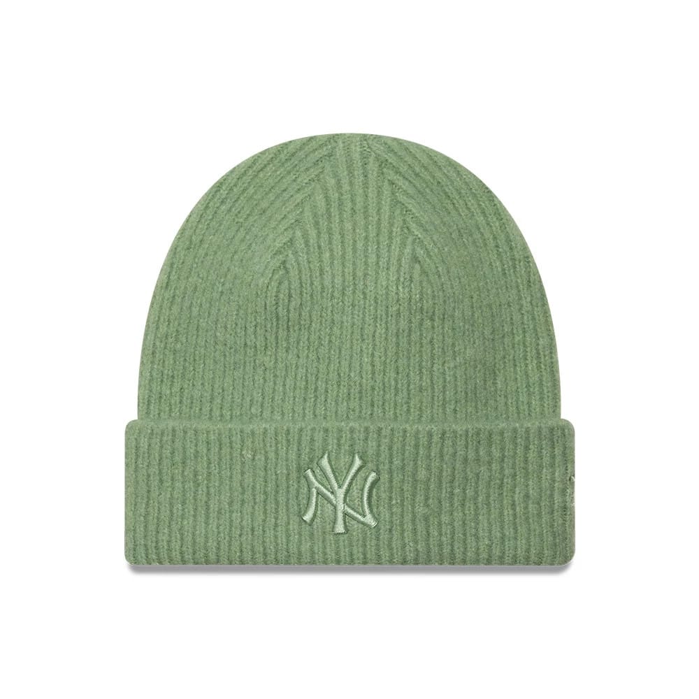 Pictured is this Womens MLB Wide New York Yankees Cuff Knit Beanie hat in pastel green. 1