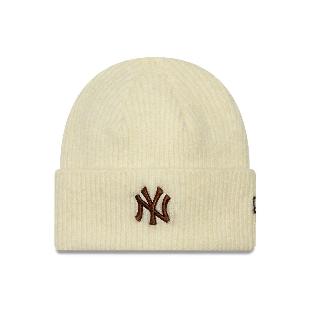 Pictured is this Womens MLB Wide New York Yankees Cuff Knit Beanie hat in cream. 1
