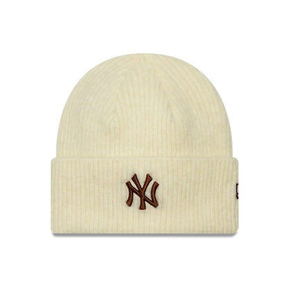 Pictured is this Womens MLB Wide New York Yankees Cuff Knit Beanie hat in cream. 1