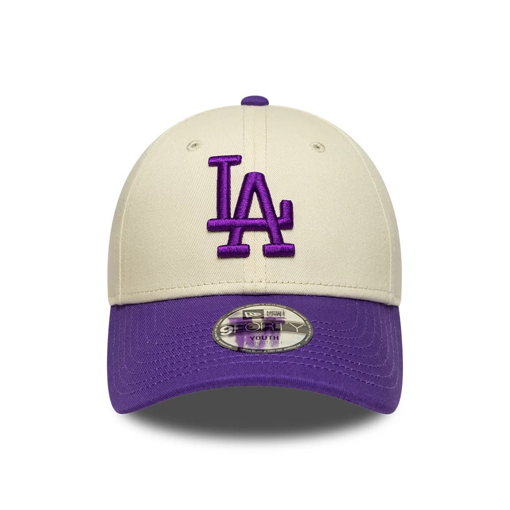 Pictured is this Youth MLB League Essential LA Dodgers 9FORTY cap in cream. 2