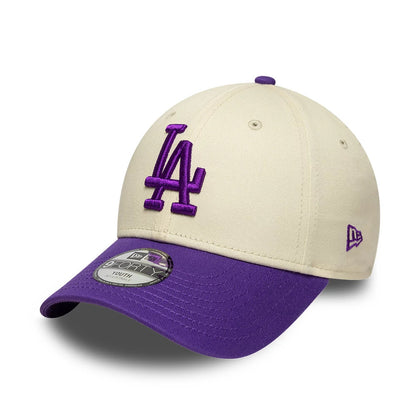 Pictured is this Youth MLB League Essential LA Dodgers 9FORTY cap in cream & purple. 1