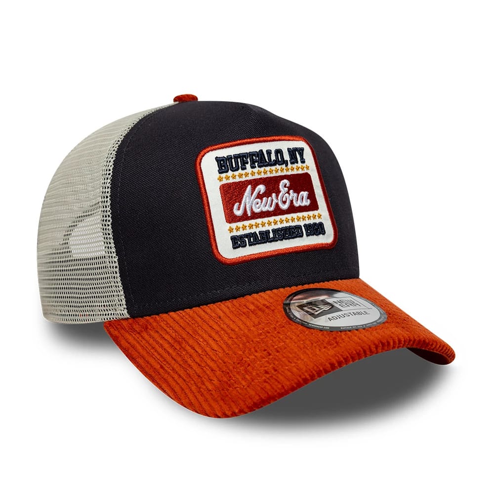 Pictured is this New Era Patch Cord 9FORTY A-Frame Trucker cap in navy. 3