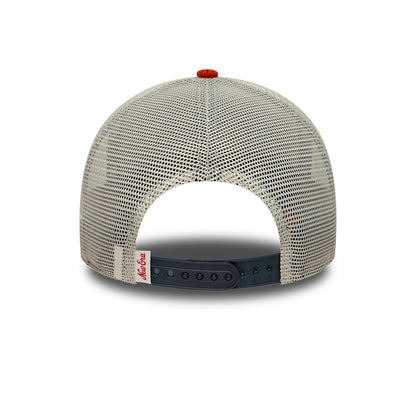 New Era Patch Cord Navy & Red 9FORTY A-Frame Trucker Adjustable Cap, rear view showing white mesh back panels, a red top button, and a black adjustable snapback closure, with a small New Era flag logo tag on the left side.