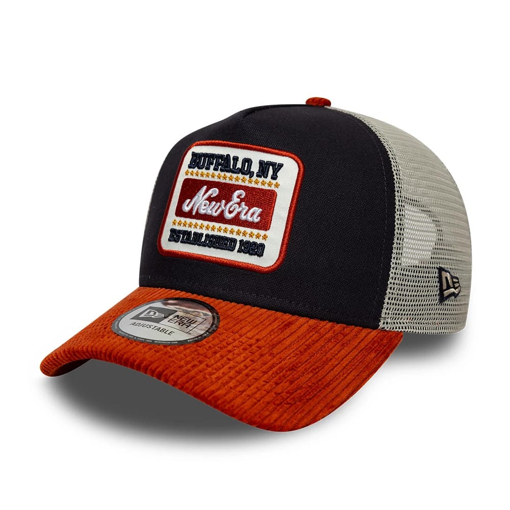 Pictured is this New Era Patch Cord 9FORTY A-Frame Trucker cap in navy. 1