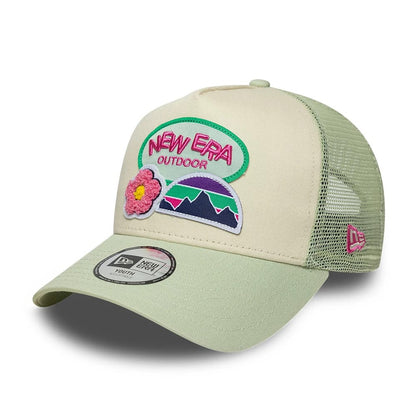 Pictured is this Youth New Era Outdoor 9FORTY A-Frame Trucker cap in pastel green. 1
