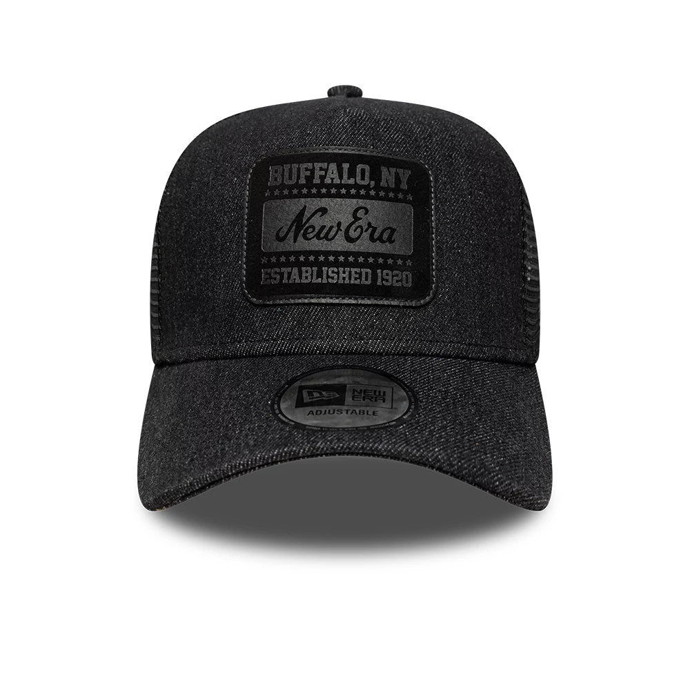 Pictured is this New Era Patch Denim 9FORTY A-Frame Trucker cap in black. 2